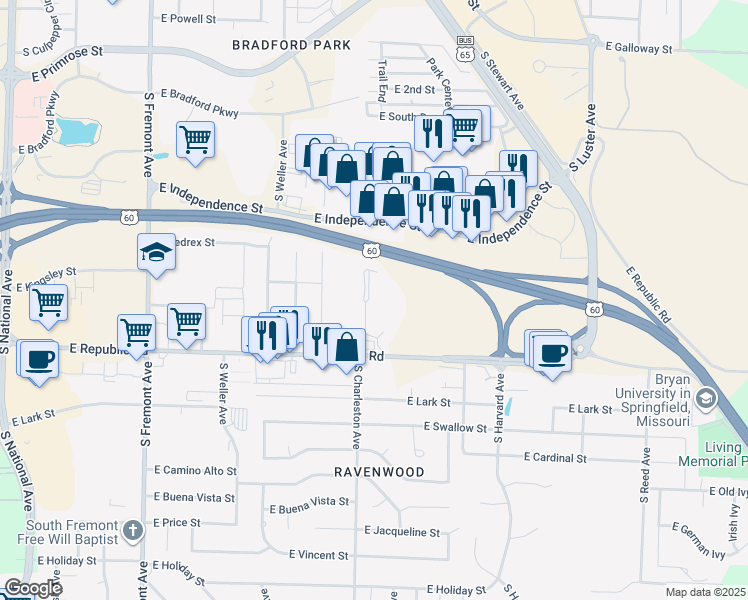 map of restaurants, bars, coffee shops, grocery stores, and more near 1825 East Republic Road in Springfield