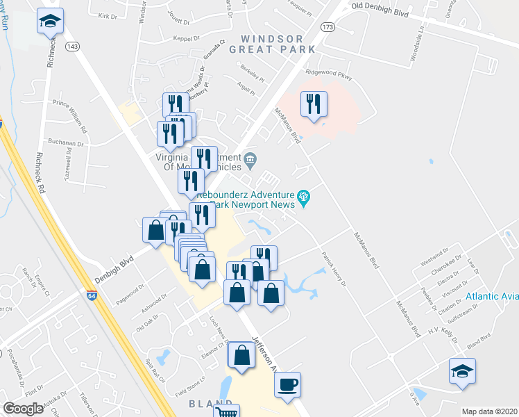 map of restaurants, bars, coffee shops, grocery stores, and more near 12924 Daybreak Circle in Newport News