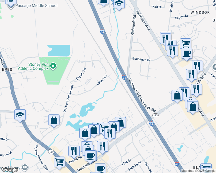 map of restaurants, bars, coffee shops, grocery stores, and more near 304 Civil Court in Newport News