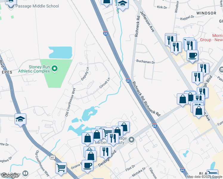 map of restaurants, bars, coffee shops, grocery stores, and more near 510 Magistrate Lane in Newport News