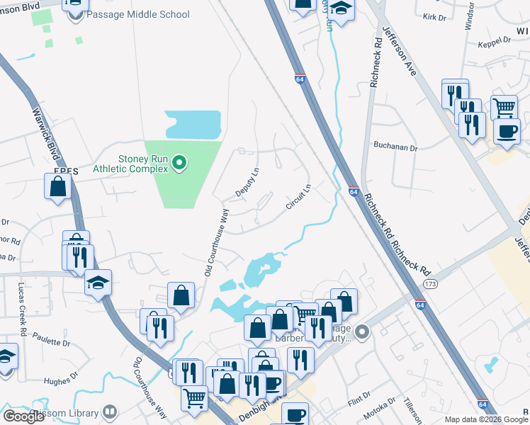 map of restaurants, bars, coffee shops, grocery stores, and more near 389 Jury Lane in Newport News