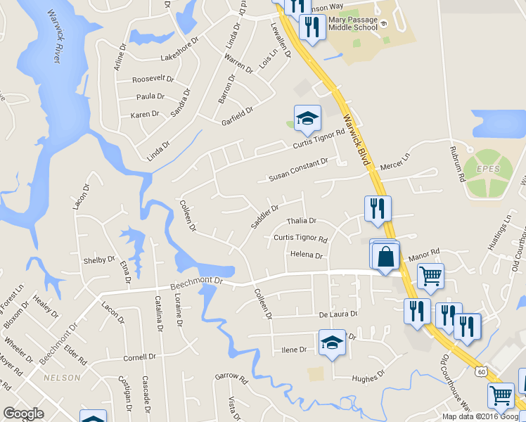 map of restaurants, bars, coffee shops, grocery stores, and more near 927 Verline Court in Newport News