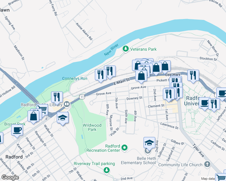 map of restaurants, bars, coffee shops, grocery stores, and more near 1612 Pickett Street in Radford