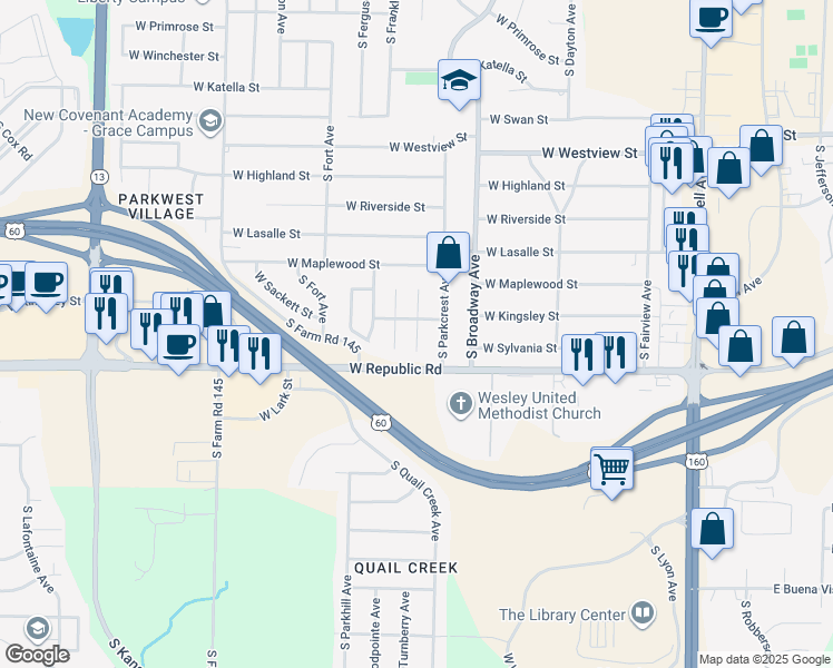 map of restaurants, bars, coffee shops, grocery stores, and more near 4068 South Parkhill Court in Springfield