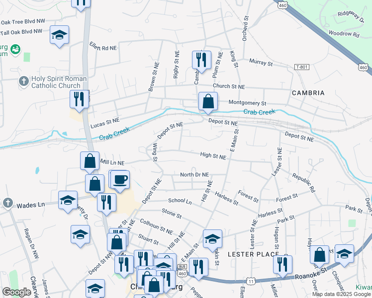 map of restaurants, bars, coffee shops, grocery stores, and more near 570 High Street Northeast in Christiansburg