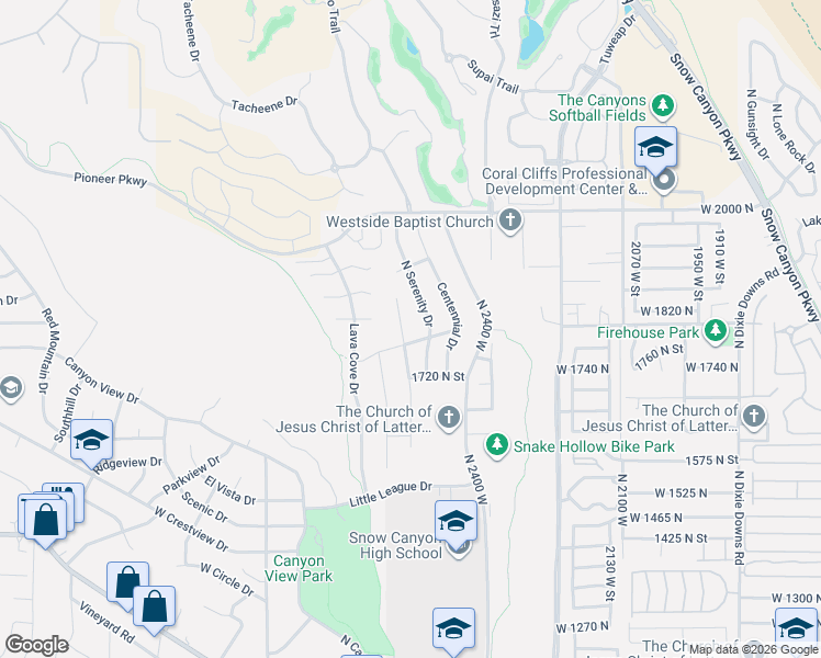 map of restaurants, bars, coffee shops, grocery stores, and more near 1804 North 2500 West in St. George