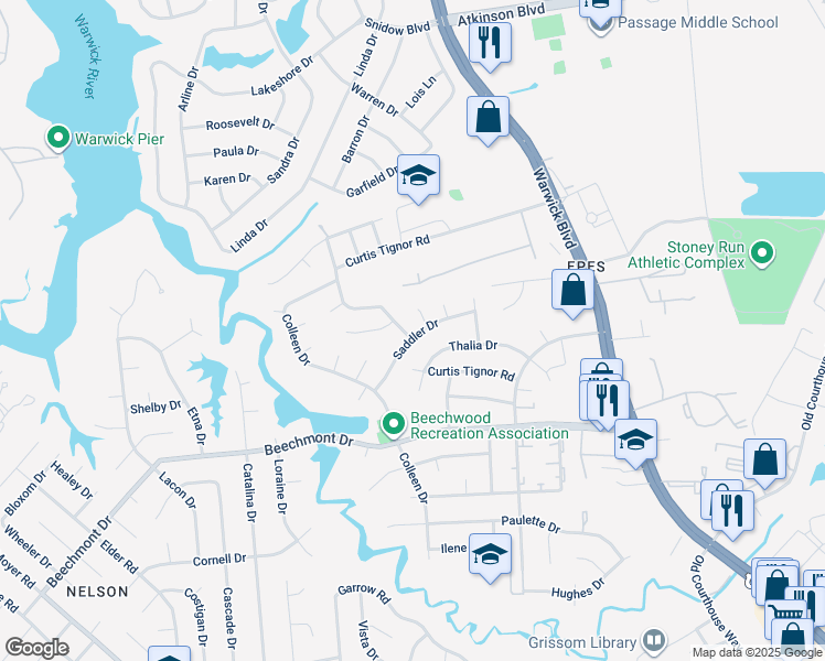 map of restaurants, bars, coffee shops, grocery stores, and more near 227 Saddler Drive in Newport News