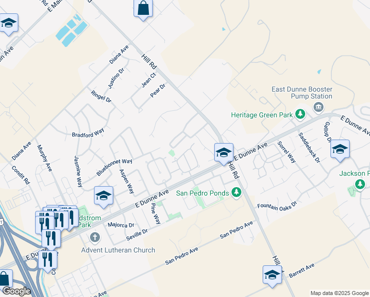 map of restaurants, bars, coffee shops, grocery stores, and more near 17212 Tassajara Circle in Morgan Hill