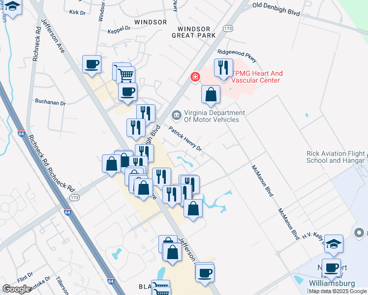 map of restaurants, bars, coffee shops, grocery stores, and more near 12916 Daybreak Circle in Newport News