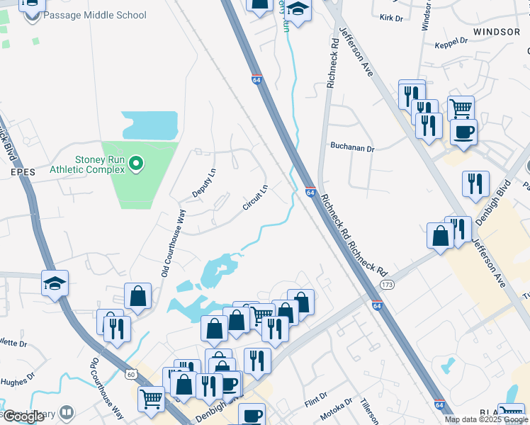 map of restaurants, bars, coffee shops, grocery stores, and more near 357 Circuit Lane in Newport News