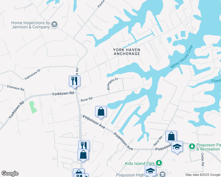 map of restaurants, bars, coffee shops, grocery stores, and more near 10 Rivergate Drive in Poquoson