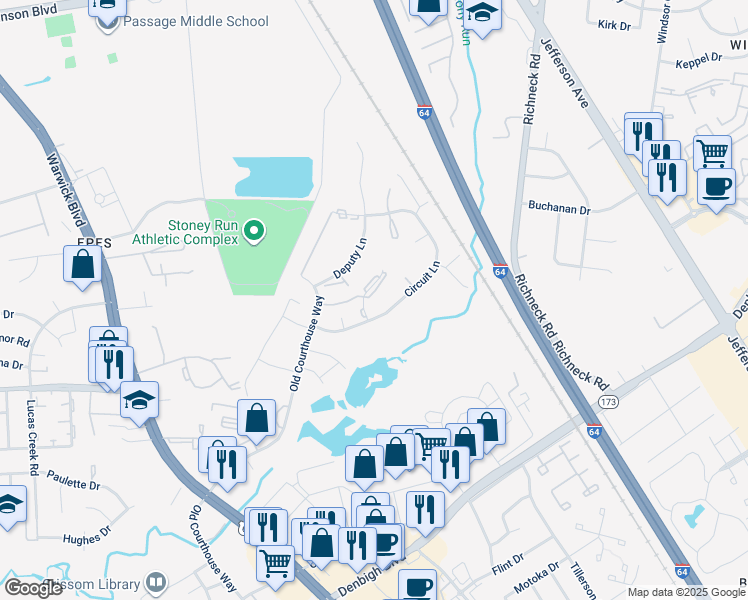 map of restaurants, bars, coffee shops, grocery stores, and more near 393 Jury Lane in Newport News