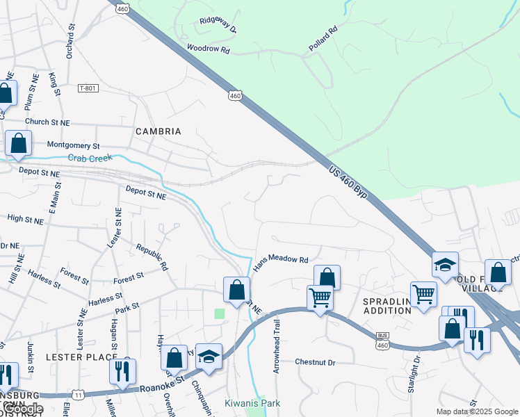 map of restaurants, bars, coffee shops, grocery stores, and more near 40 Little John Circle Northeast in Christiansburg