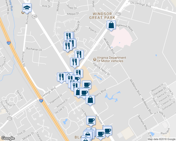 map of restaurants, bars, coffee shops, grocery stores, and more near 733 Daylight Court in Newport News