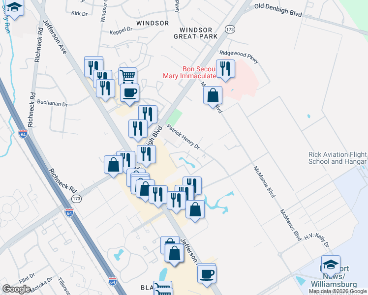 map of restaurants, bars, coffee shops, grocery stores, and more near 12900 Daybreak Circle in Newport News