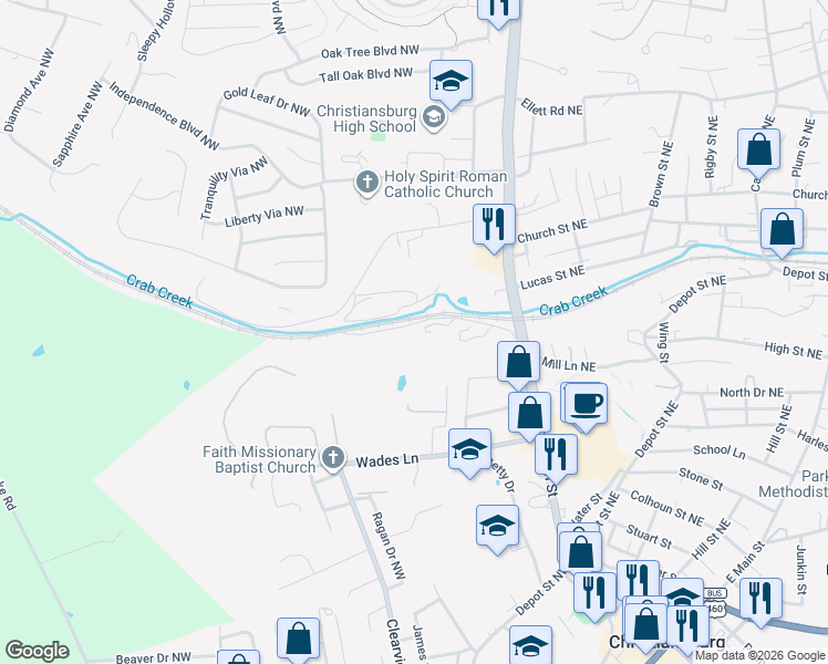 map of restaurants, bars, coffee shops, grocery stores, and more near 230 Railroad Street Northwest in Christiansburg
