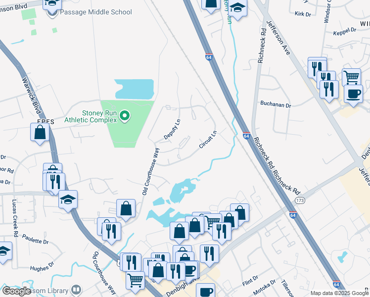 map of restaurants, bars, coffee shops, grocery stores, and more near 393 Jury Lane in Newport News