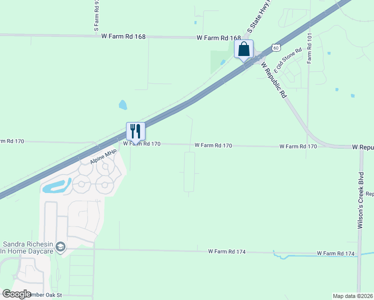 map of restaurants, bars, coffee shops, grocery stores, and more near 7177 West Farm Road 170 in Republic