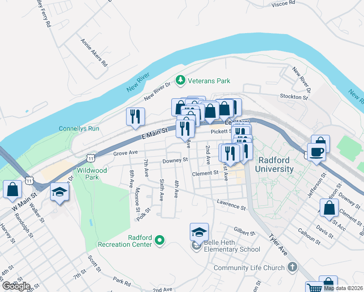 map of restaurants, bars, coffee shops, grocery stores, and more near 1317 Pickett Street in Radford