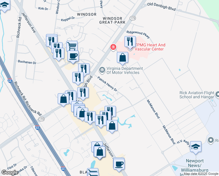map of restaurants, bars, coffee shops, grocery stores, and more near 800 1st Light Court in Newport News