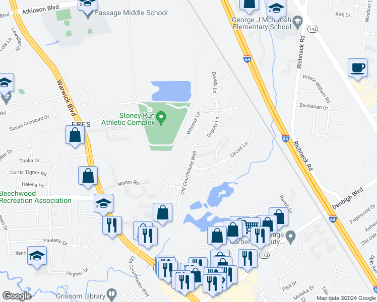 map of restaurants, bars, coffee shops, grocery stores, and more near 14575 Old Courthouse Way in Newport News
