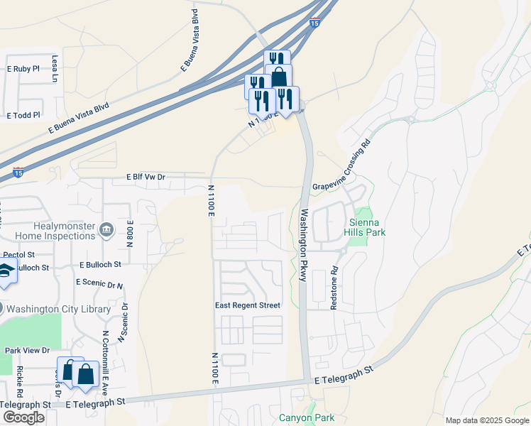 map of restaurants, bars, coffee shops, grocery stores, and more near 1301 Vista Roja Place in Washington