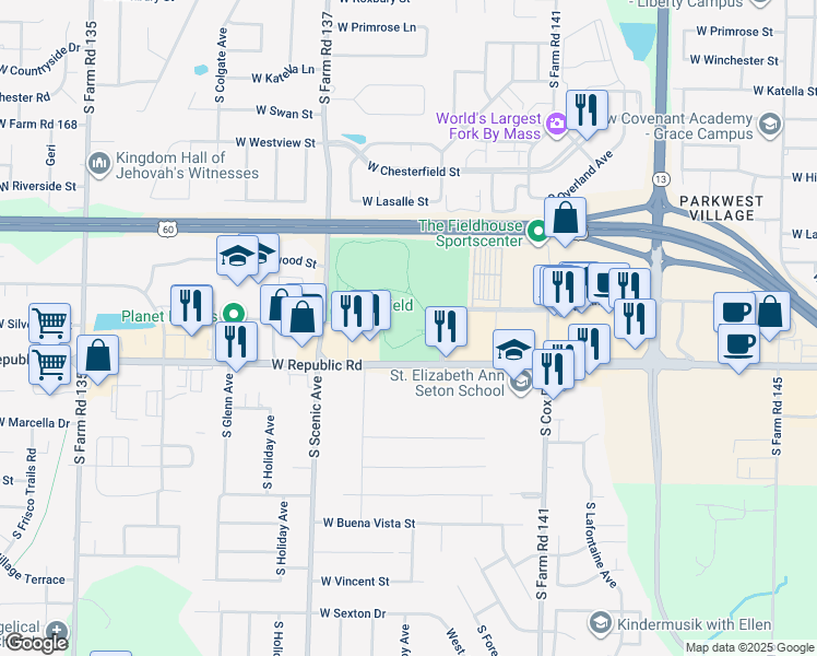 map of restaurants, bars, coffee shops, grocery stores, and more near 2511 West Republic Road in Springfield