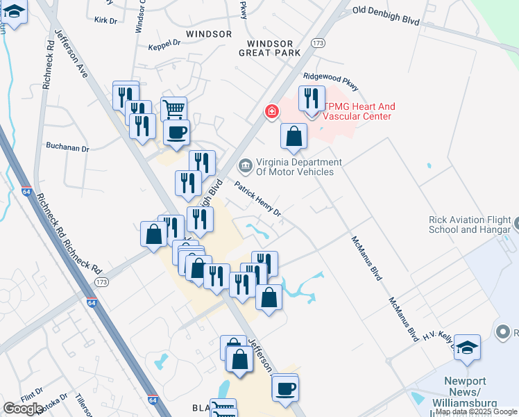 map of restaurants, bars, coffee shops, grocery stores, and more near 814 1st Light Court in Newport News
