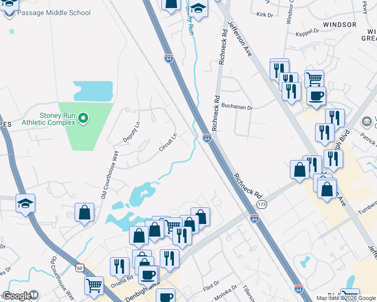 map of restaurants, bars, coffee shops, grocery stores, and more near 510 Magistrate Lane in Newport News