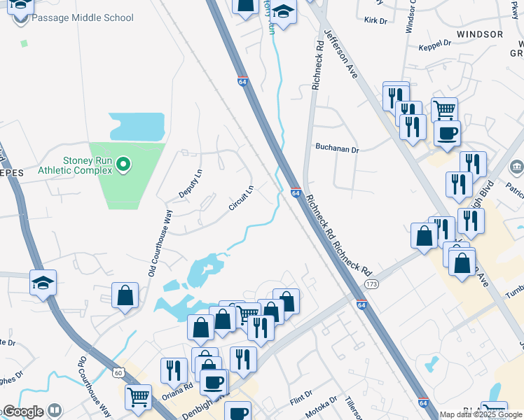 map of restaurants, bars, coffee shops, grocery stores, and more near 510 Magistrate Lane in Newport News