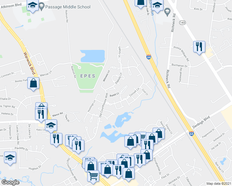 map of restaurants, bars, coffee shops, grocery stores, and more near 395 Deputy Lane in Newport News