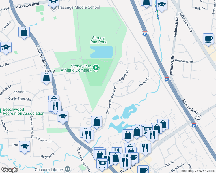 map of restaurants, bars, coffee shops, grocery stores, and more near 14579 Old Courthouse Way in Newport News