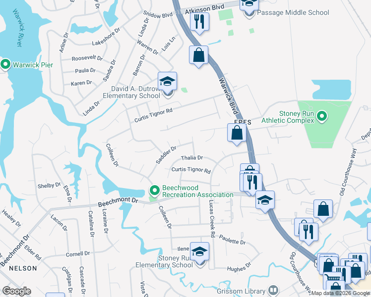 map of restaurants, bars, coffee shops, grocery stores, and more near 327 Saddler Drive in Newport News