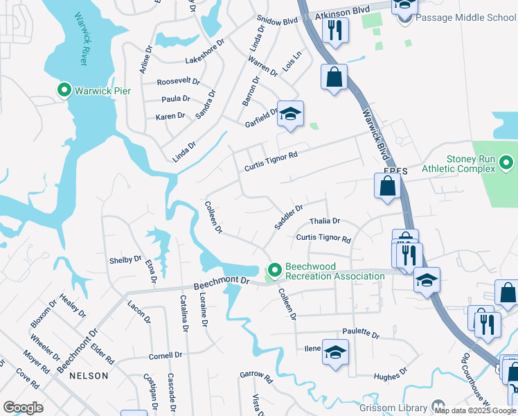 map of restaurants, bars, coffee shops, grocery stores, and more near 284 Curtis Tignor Road in Newport News