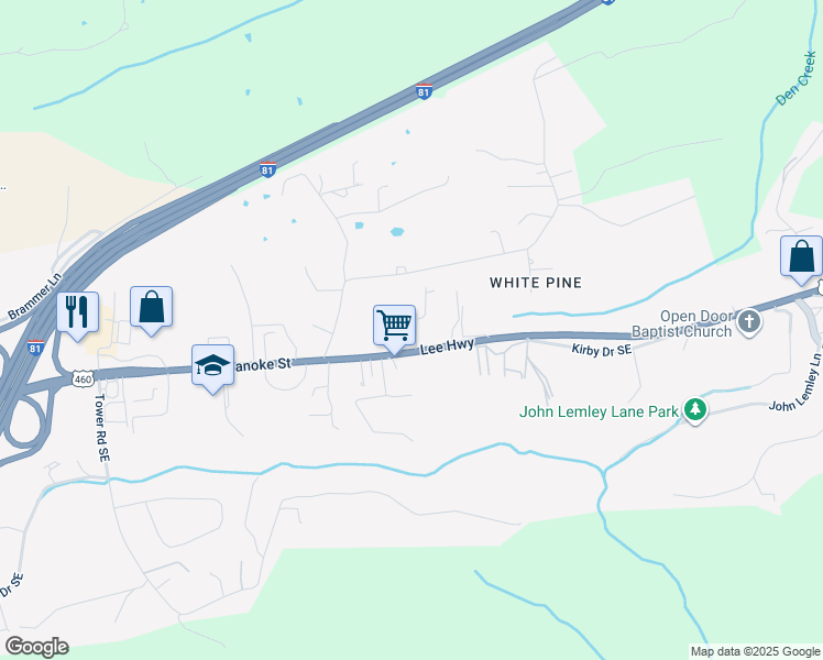 map of restaurants, bars, coffee shops, grocery stores, and more near 75 Nursery Lane Northeast in Christiansburg