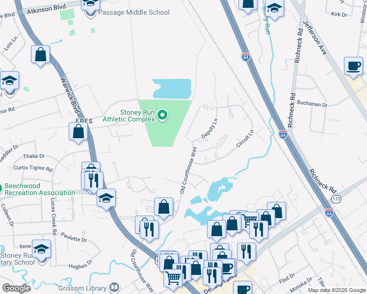 map of restaurants, bars, coffee shops, grocery stores, and more near 14579 Old Courthouse Way in Newport News