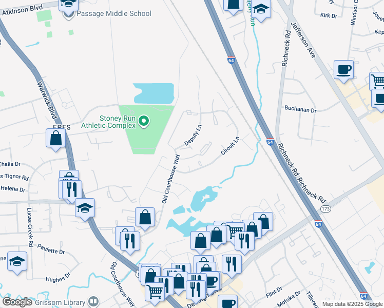 map of restaurants, bars, coffee shops, grocery stores, and more near 395 Deputy Lane in Newport News