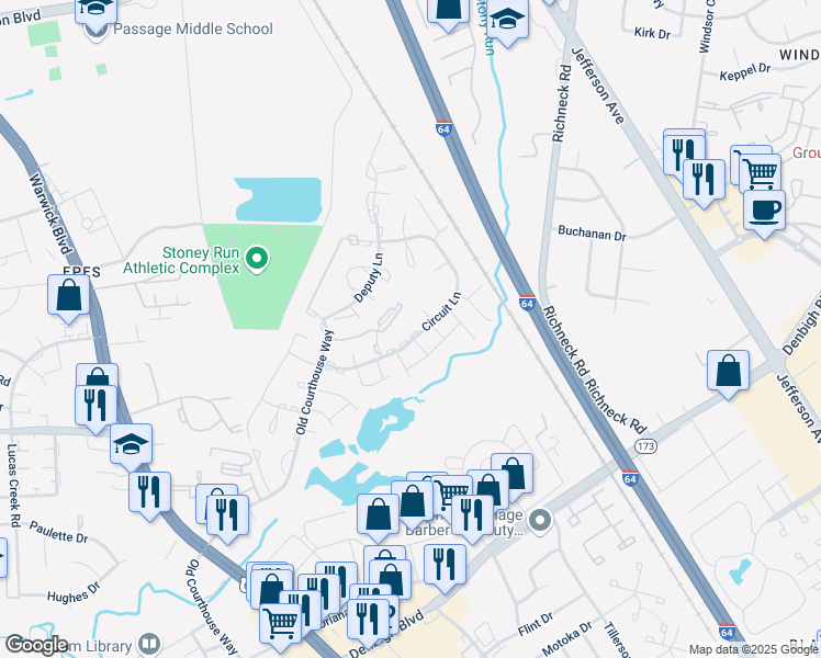 map of restaurants, bars, coffee shops, grocery stores, and more near 376 Circuit Lane in Newport News