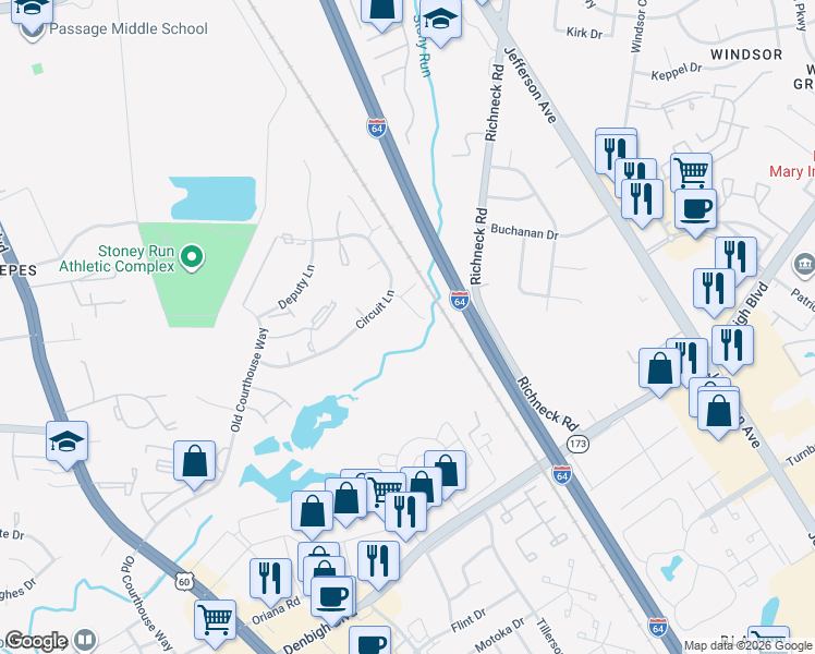 map of restaurants, bars, coffee shops, grocery stores, and more near 510 Magistrate Lane in Newport News