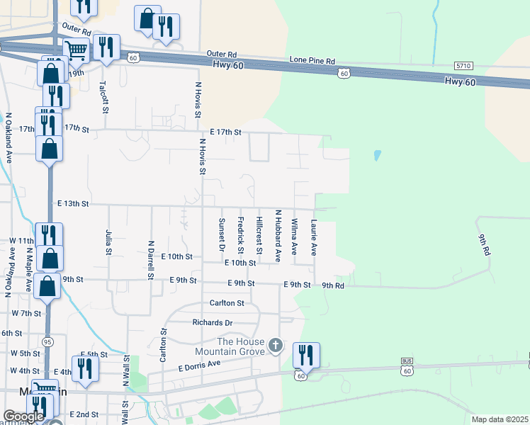 map of restaurants, bars, coffee shops, grocery stores, and more near 1105 East 13th Street in Mountain Grove