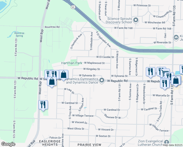 map of restaurants, bars, coffee shops, grocery stores, and more near 3711 West Sylvania Street in Springfield