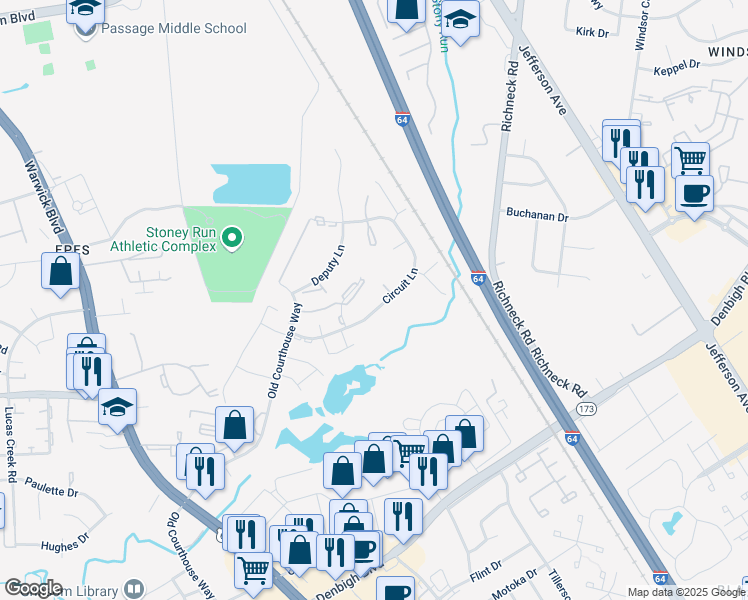 map of restaurants, bars, coffee shops, grocery stores, and more near 389 Jury Lane in Newport News