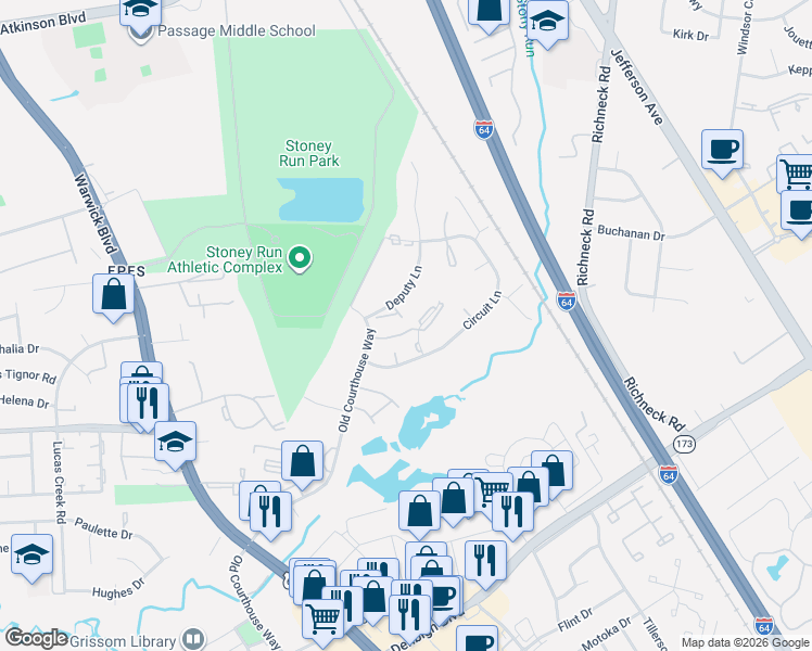 map of restaurants, bars, coffee shops, grocery stores, and more near 395 Deputy Lane in Newport News