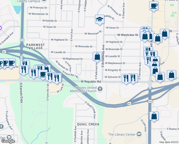 map of restaurants, bars, coffee shops, grocery stores, and more near 4068 South Parkhill Court in Springfield