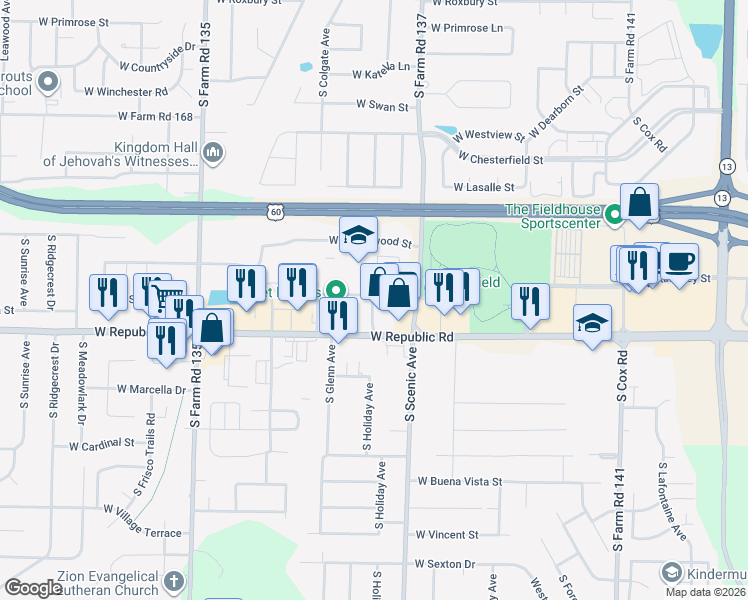 map of restaurants, bars, coffee shops, grocery stores, and more near 2775 West Silverleaf Street in Springfield