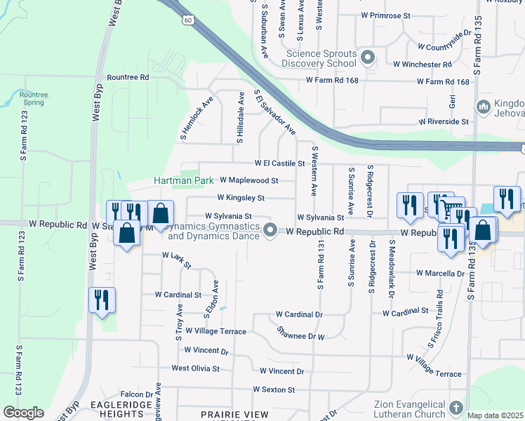 map of restaurants, bars, coffee shops, grocery stores, and more near 3676 West Kingsley Street in Springfield