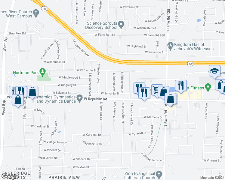 map of restaurants, bars, coffee shops, grocery stores, and more near 4123 South Sunrise Avenue in Springfield