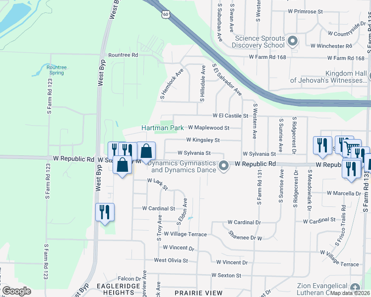 map of restaurants, bars, coffee shops, grocery stores, and more near 3755 West Sylvania Street in Springfield
