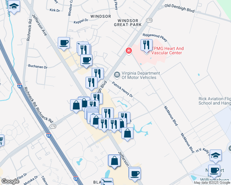 map of restaurants, bars, coffee shops, grocery stores, and more near 606 Day 1 Court in Newport News