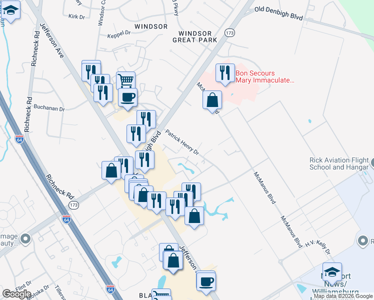map of restaurants, bars, coffee shops, grocery stores, and more near 12720 Patrick Henry Drive in Newport News